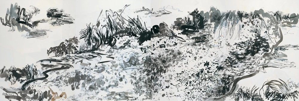 楊世芝，《蒼潤華滋》，2010，墨、壓克力、棉紙拼貼於麻布，200×600cm。©台北市立美術館典藏-圖片